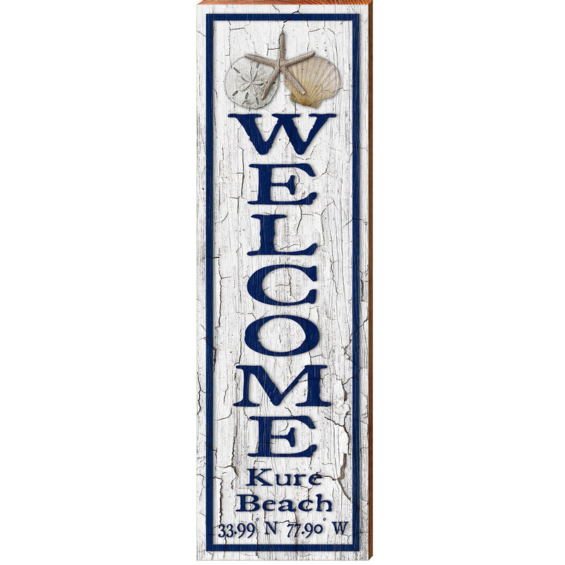 Welcome Kure Beach Triple Shells White Vertical Latitude Longitude | Wall Art Print on Real Wood