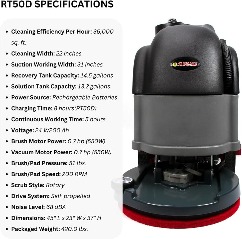 RT50D Self-Propelled Floor Scrubber – 22" Cleaning Path, 29.2V Lithium Battery, Automatic Forward/Reverse Drive with Adjustable Speed, 14.5-Gal Tank, Industrial Grade Cleaning Machine