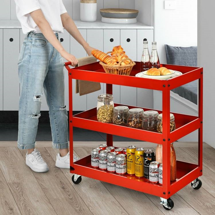 Red Steel Frame Kitchen Serving Utility Cart on Wheels with 2 Bottom Shelves, photo 3 of 5