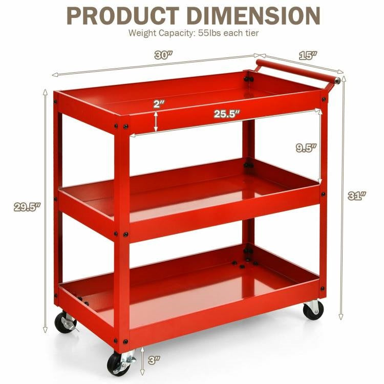 Red Steel Frame Kitchen Serving Utility Cart on Wheels with 2 Bottom Shelves, photo 5 of 5