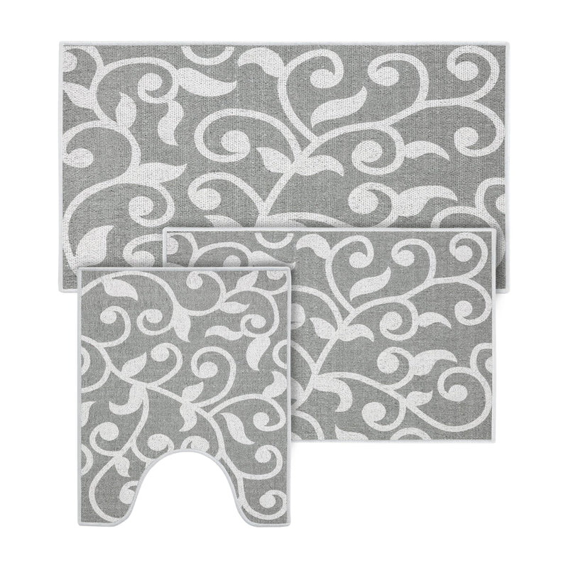 Floral Design 3 Piece Bathroom Rugs Set |Gray