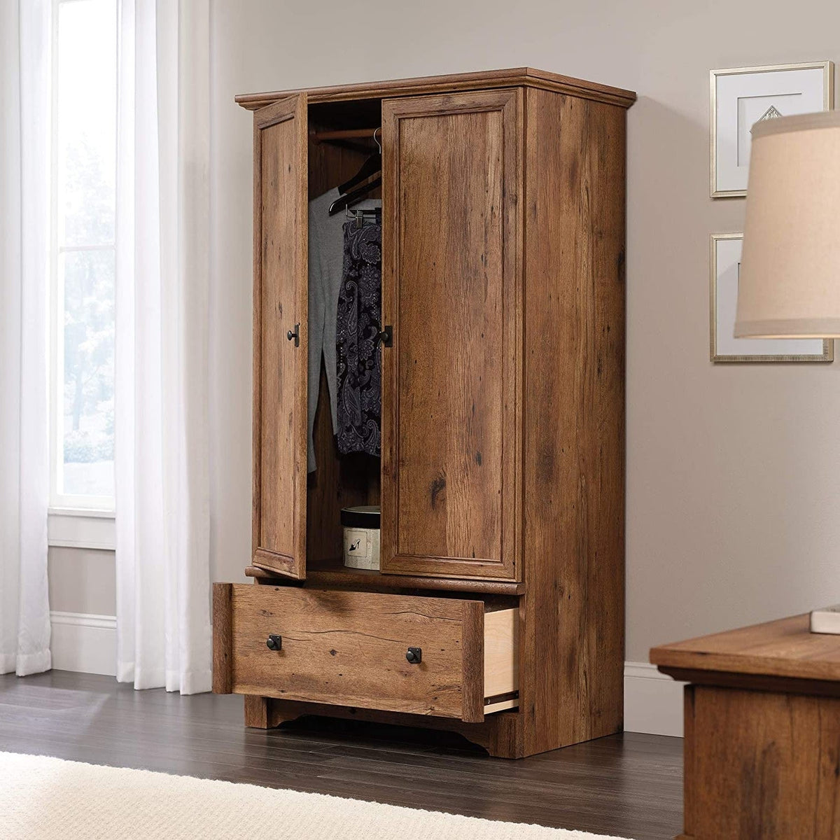 Rustic Oak Drawer and Garment Rod Wardrobe Armoire, photo 3 of 5