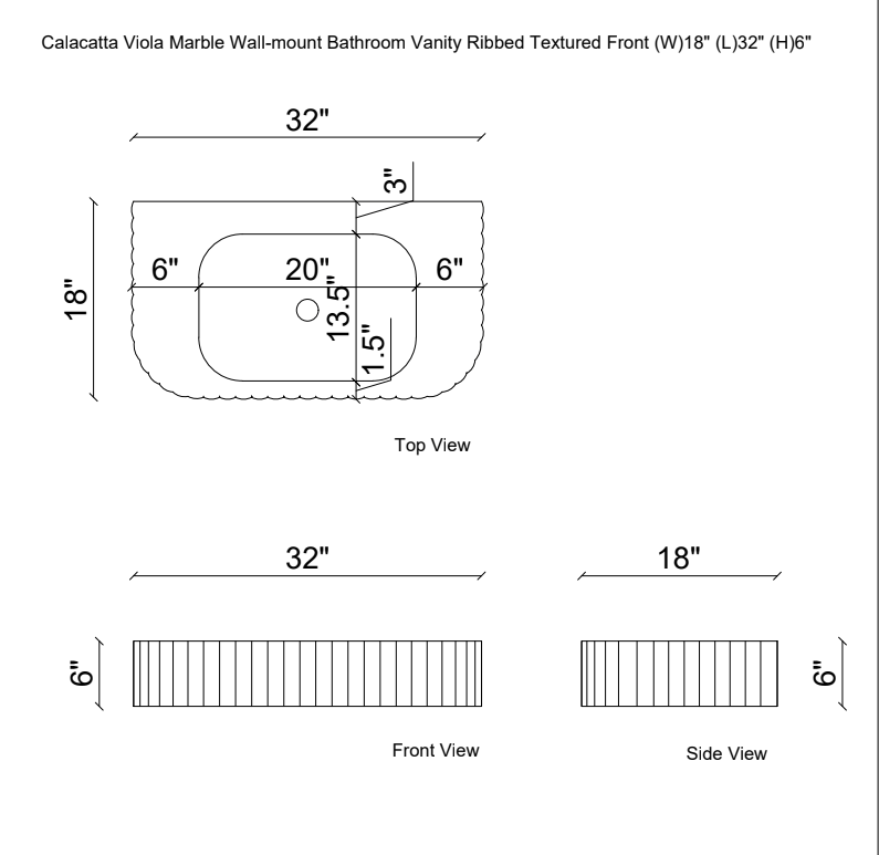 Calacatta Viola Marble Wall-mount Bathroom Vanity - Handcrafted Ribbed Textured 18x32x6, dimensions drawing