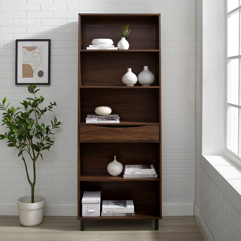 Modern 5-Shelf Bookshelf with Drawer