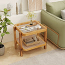 Rattan 2-Tier End Side Table with Tempered Glass Top Acacia Wood Legs-Brown by LJGDeals