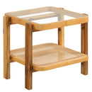 Rattan 2-Tier End Side Table with Tempered Glass Top Acacia Wood Legs-Brown by DirectDeals