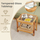 Rattan 2-Tier End Side Table with Tempered Glass Top Acacia Wood Legs-Brown by LJGDeals