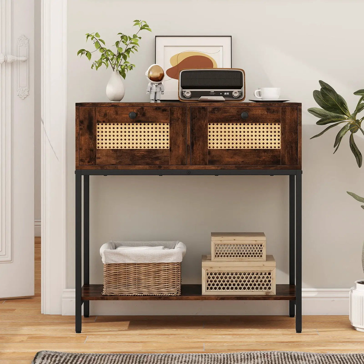 Rattan Console Table Boho Entryway Table with 2 Rattan Drawers and Open Storage Shelf, photo 16 of 24