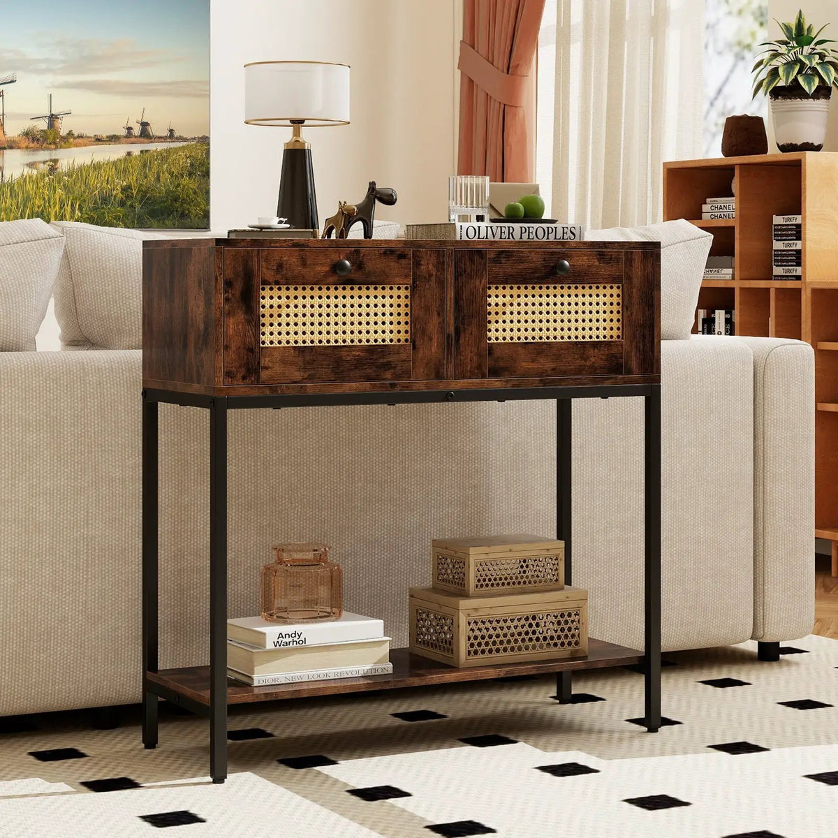 Rattan Console Table Boho Entryway Table with 2 Rattan Drawers and Open Storage Shelf, photo 2 of 24