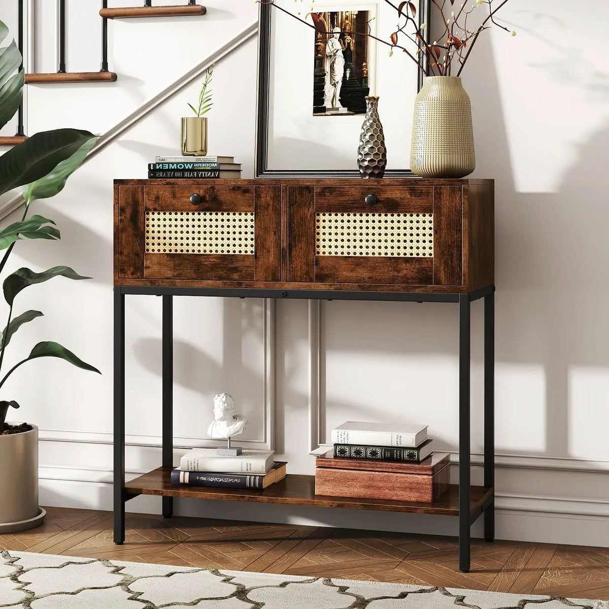 Rattan Console Table Boho Entryway Table with 2 Rattan Drawers and Open Storage Shelf, photo 6 of 24