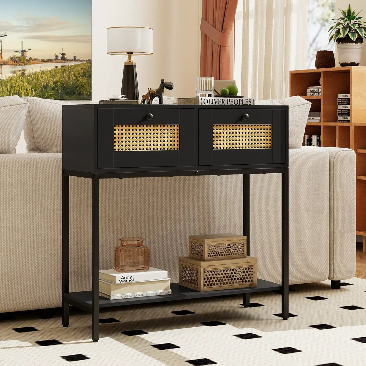 Rattan Console Table Boho Entryway Table with 2 Rattan Drawers and Open Storage Shelf, photo 3 of 24