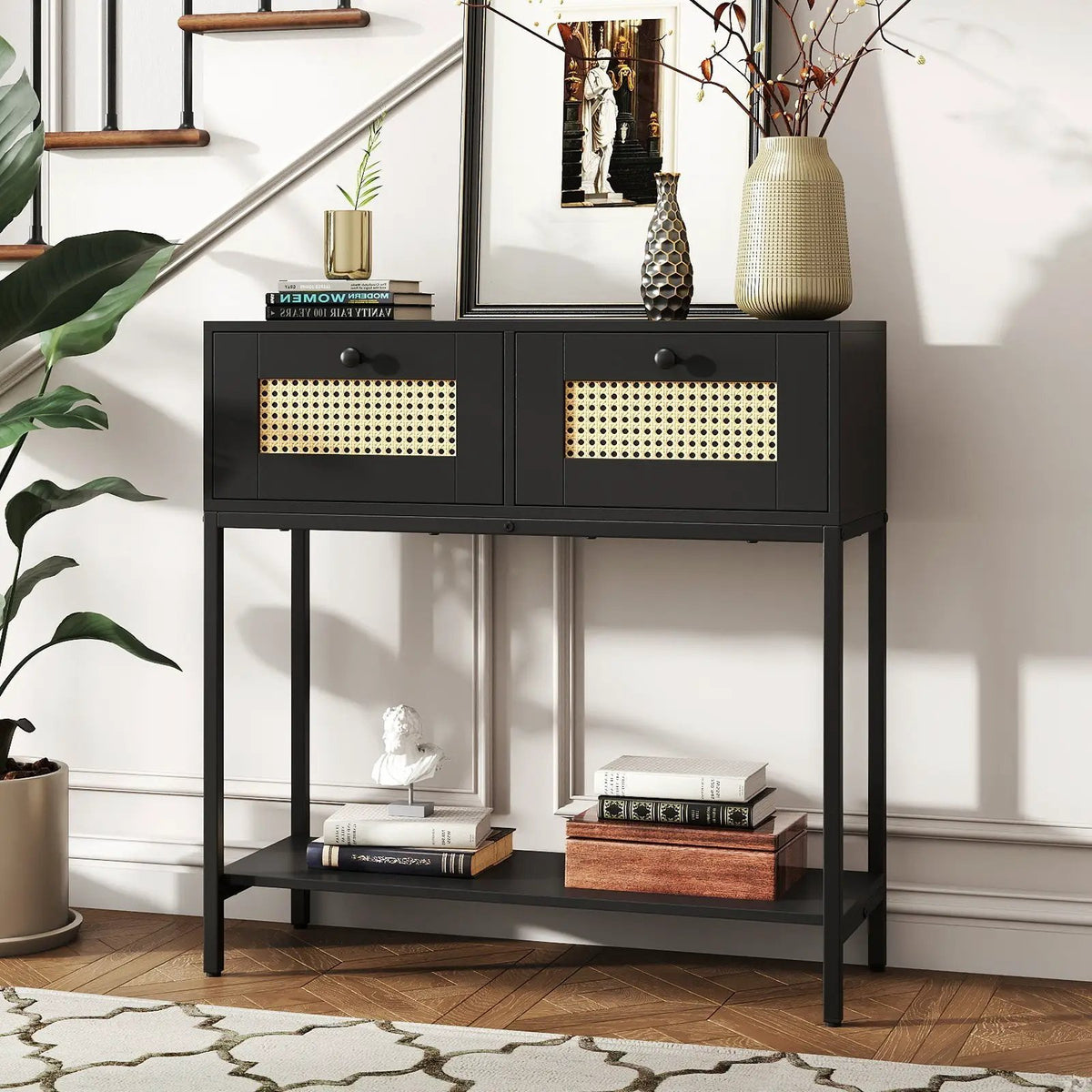 Rattan Console Table Boho Entryway Table with 2 Rattan Drawers and Open Storage Shelf, photo 5 of 24