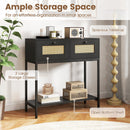 Rattan Console Table Boho Entryway Table with 2 Rattan Drawers and Open Storage Shelf