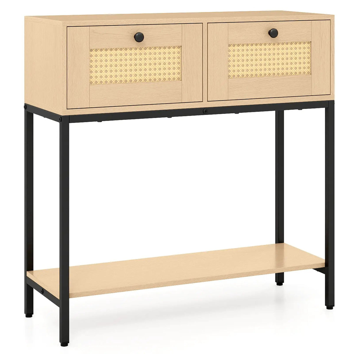 Rattan Console Table Boho Entryway Table with 2 Rattan Drawers and Open Storage Shelf, photo 7 of 24