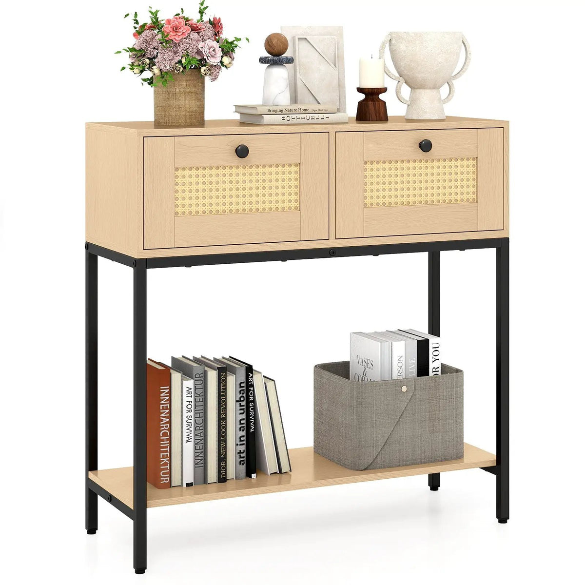 Rattan Console Table Boho Entryway Table with 2 Rattan Drawers and Open Storage Shelf, photo 10 of 24