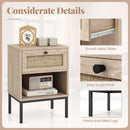 Rattan Nightstand Boho End Table with Rattan Drawer and Open Shelf Set of 2-Oak