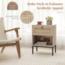 Rattan Nightstand Boho End Table with Rattan Drawer and Open Shelf Set of 2-Oak