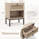 Rattan Nightstand Boho End Table with Rattan Drawer and Open Shelf Set of 2-Oak