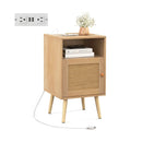 Rattan Nightstand with Charging Station Bedside Table with USB Ports and PE Rattan Door-Natural by LJGDeals