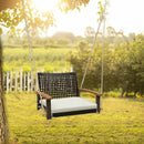 Single Rattan Porch Swing with Armrests Cushion and Hanging Ropes-White by LJGDeals