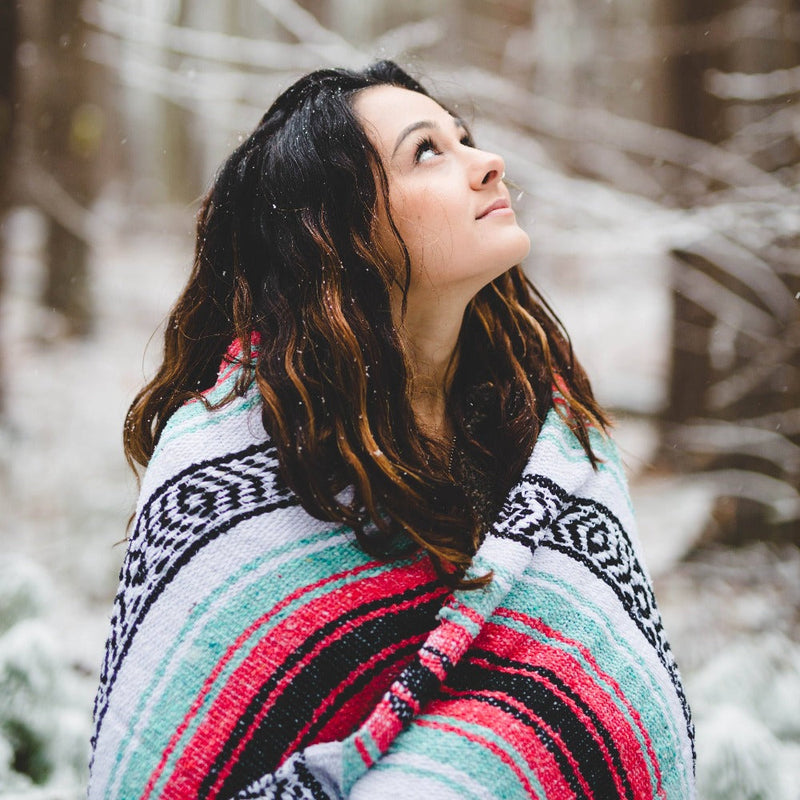 Seafoam Green & Coral Mexican Falsa Blanket