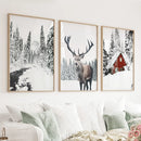 Christmas Mood Wall Art Prints. Red Log Cabin, Deer by Wall Art Set