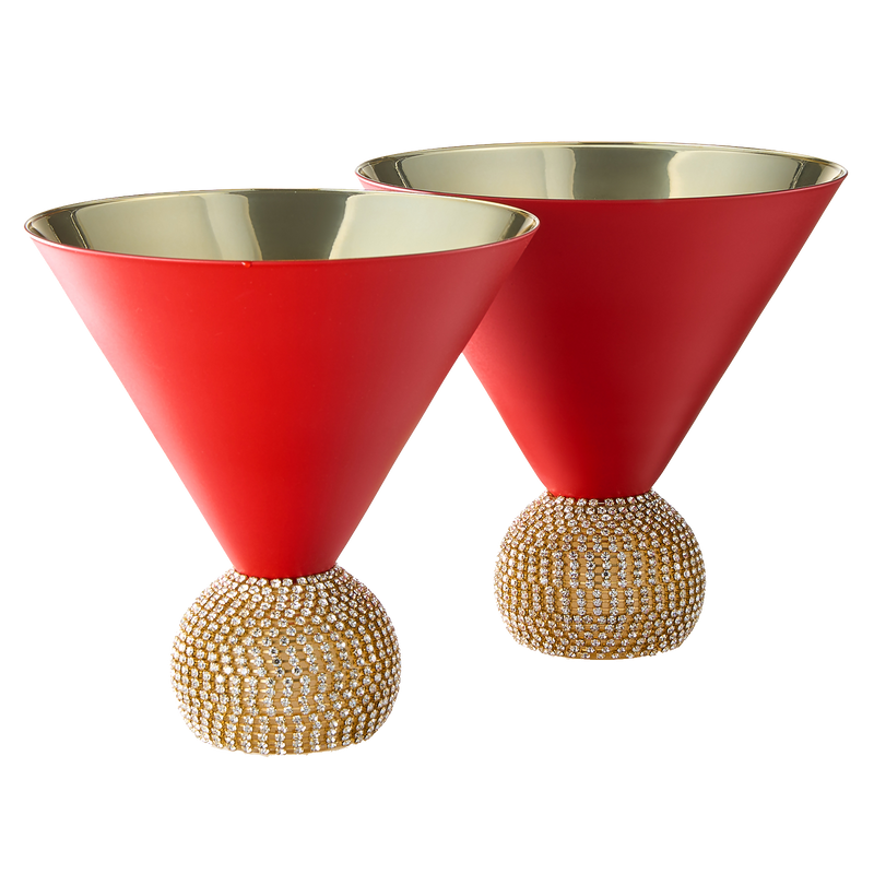 The Wine Savant Diamond Studded Martini Glasses Set of 2 Matte Red & Gold Modern Cocktail Glass, Rhinestone Diamonds With Stemless Crystal Ball Base, Bar or Party 10.5oz, Swarovski Style Crystals