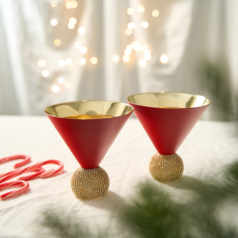 The Wine Savant Diamond Studded Martini Glasses Set of 2 Matte Red & Gold Modern Cocktail Glass, Rhinestone Diamonds With Stemless Crystal Ball Base, Bar or Party 10.5oz, Swarovski Style Crystals