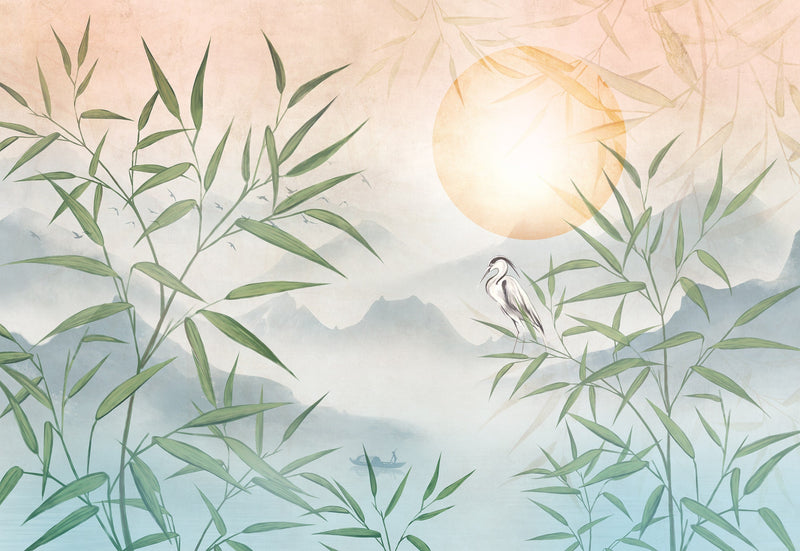 Heron and Bamboo Wallpaper Mural - Nature Scene with Mountains
