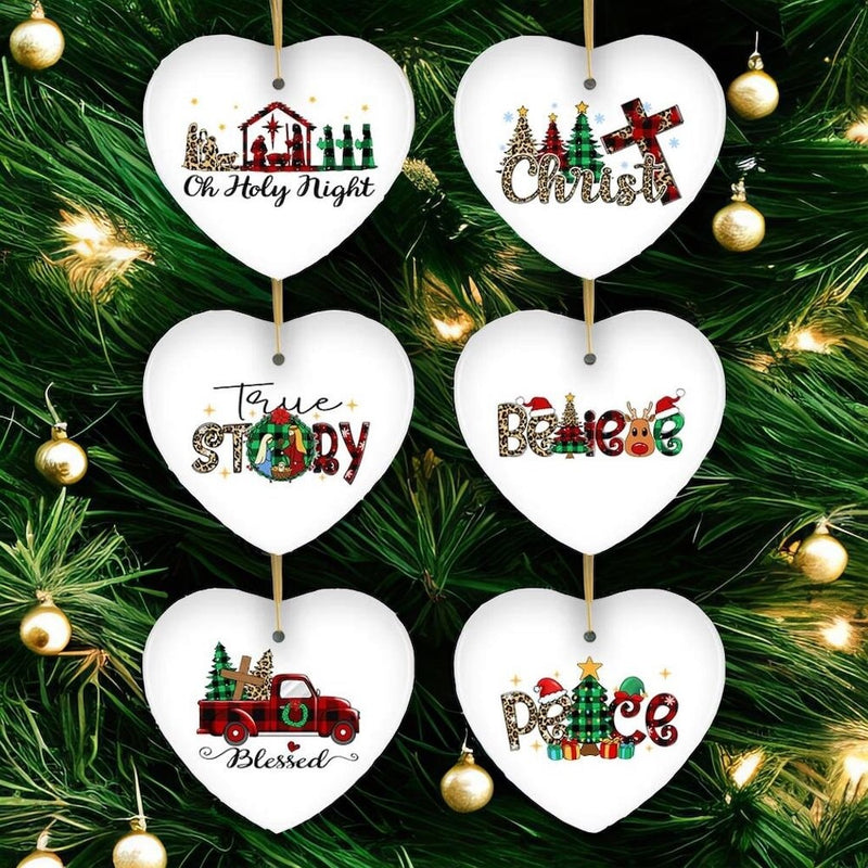 Religious Theme Plaid Ceramic Heart Christmas Ornament Bundle, Jesus and Christian Nativity