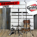3 PACK - Hi-Hat Stand, Kick Drum Pedal & Straight Cymbal Stand Hardware Kit by GRIFFIN | Deluxe Full Size Percussion Chrome Hardware Set | Lightweight, Portable & Mobile, Perfect for Drummer Gigs