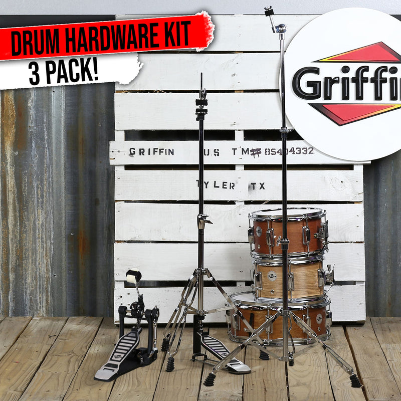 3 PACK - Hi-Hat Stand, Kick Drum Pedal & Straight Cymbal Stand Hardware Kit by GRIFFIN | Deluxe Full Size Percussion Chrome Hardware Set | Lightweight, Portable & Mobile, Perfect for Drummer Gigs