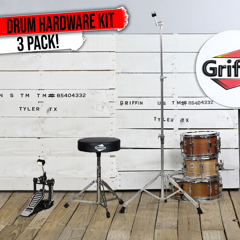 3 PACK GRIFFIN Drum Hardware Set - Kick Drum Pedal, Drummers Throne Seat & Straight Cymbal Stand | Deluxe Chrome Slip-Proof Gear Holder Percussion Set for Mounting Crash, Ride & Splash Cymbals