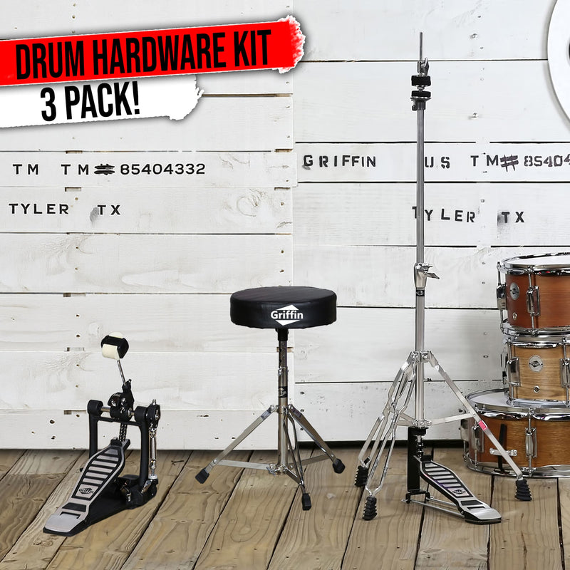 3 PACK GRIFFIN Drum Hardware Set - Bass Drum Kick Pedal, Drummers Throne Seat & Hi-Hat Cymbal Stand | Deluxe Chrome Slip-Proof Gear Holder Percussion Set for Mounting Crash, Ride & Splash Cymbals