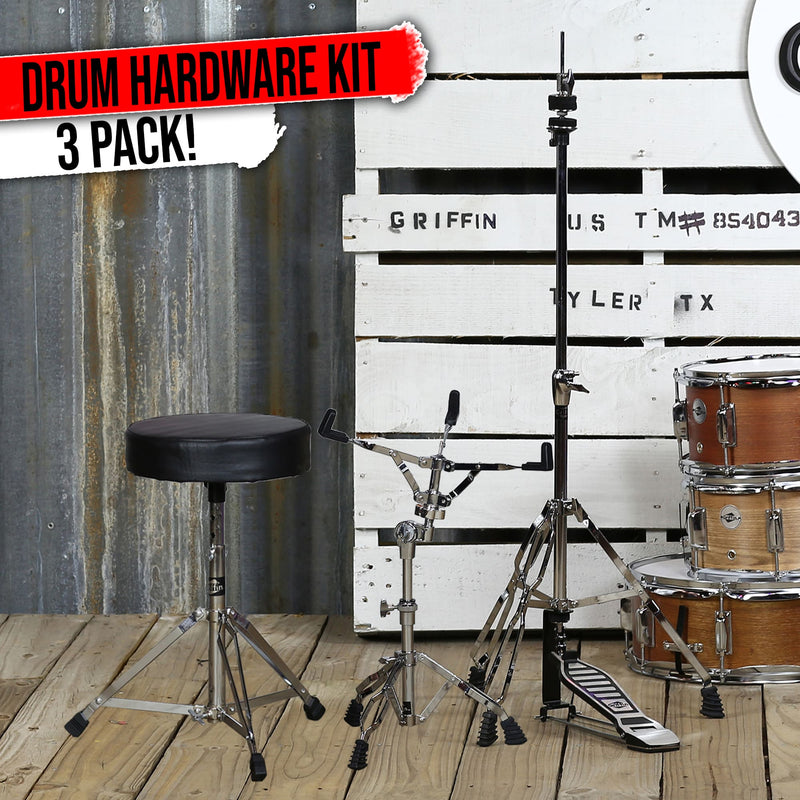 Hi-Hat Stand, Drummers Throne Seat & Snare Stand - 3 PACK Drum Hardware Set by GRIFFIN | Deluxe Chrome Slip-Proof Gear Holder Percussion Kit for Mounting Hihat Cymbals, and Snare Drums
