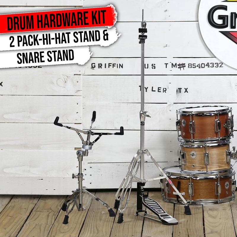 2-PACK Drum Hardware Set- Hi-Hat Stand & Snare Drum Stand by GRIFFIN | Hi Hat Cymbal Pedal With Pull Chain | Chrome Double Braced Kit | Mount Basket for Standard Snares, Tom Drums & Practice Pad