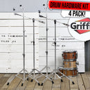 4-PACK Cymbal Boom Stand & Straight Cymbal Stand Combo Set by GRIFFIN | Percussion Drum Hardware Kit for Mounting & Holding Crash, Ride, Splash Cymbals | Arm Counterweight Adapter & Double Braced Legs