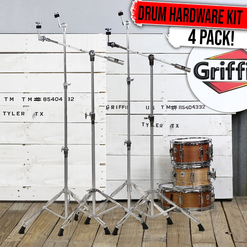 4-PACK Cymbal Boom Stand & Straight Cymbal Stand Combo Set by GRIFFIN | Percussion Drum Hardware Kit for Mounting & Holding Crash, Ride, Splash Cymbals | Arm Counterweight Adapter & Double Braced Legs