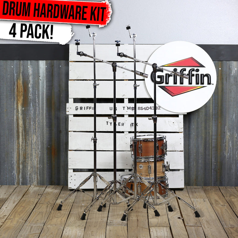 4-PACK Cymbal Boom Stand & Straight Cymbal Stand Combo Set by GRIFFIN | Percussion Drum Hardware Kit for Mounting & Holding Crash, Ride, Splash Cymbals | Arm Counterweight Adapter & Double Braced Legs