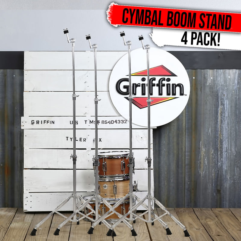 4 PACK - Straight Cymbal Stand Set by GRIFFIN | Double Braced Legs, Slip-Proof Gear Holder & Light-Duty for Mobile Drummers | Percussion Chrome Drum Hardware Kit for Mounting Crash & Splash Cymbals