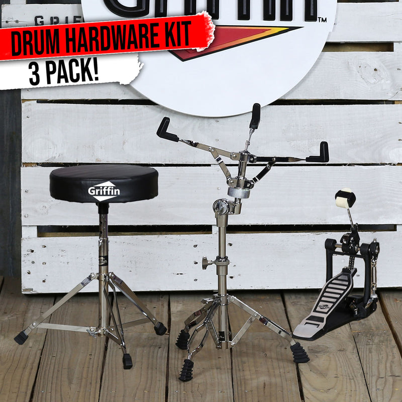 2-Pack Kick Bass Drum Pedal & Snare Drum Stand Set by GRIFFIN | Deluxe Double-Chain Foot Pedal with 4-Sided Beater & Adjustable Power Cam | Durable Percussion Hardware for Intense Play