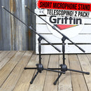 2 PACK- Low Profile Microphone Stand by GRIFFIN | Short Tripod Mic Stand Mount with Boom Arm for Kick Bass Drum, Studio Desktop Recording, Singing & Guitar Amplifiers | Small Height Telescoping Holder