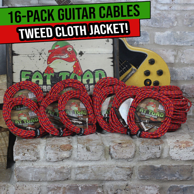 16 PACK - FAT TOAD Guitar Cords Right Angle to Straight-End Instrument Cable Tweed Cloth Jacket | Braided Woven 20FT 1/4 Inch Jack TS for Electric Guitar, Bass, AMP | Shielded 24 AWG Patch Conductor