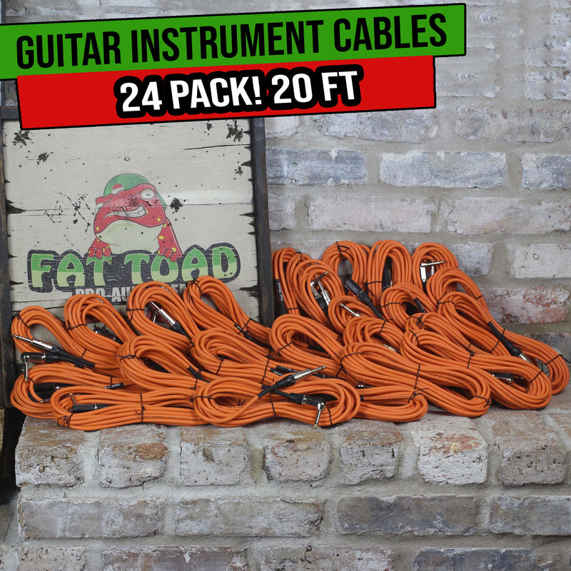 24 PACK - Right Angled Guitar Cables by FAT TOAD | Instrument Cords 20FT 1/4 Quarter Inch Straight-End 24GA Wires for Electric Guitar Pedal, Bass, Keyboards, Speaker Amplifier & Audio Studio Recording