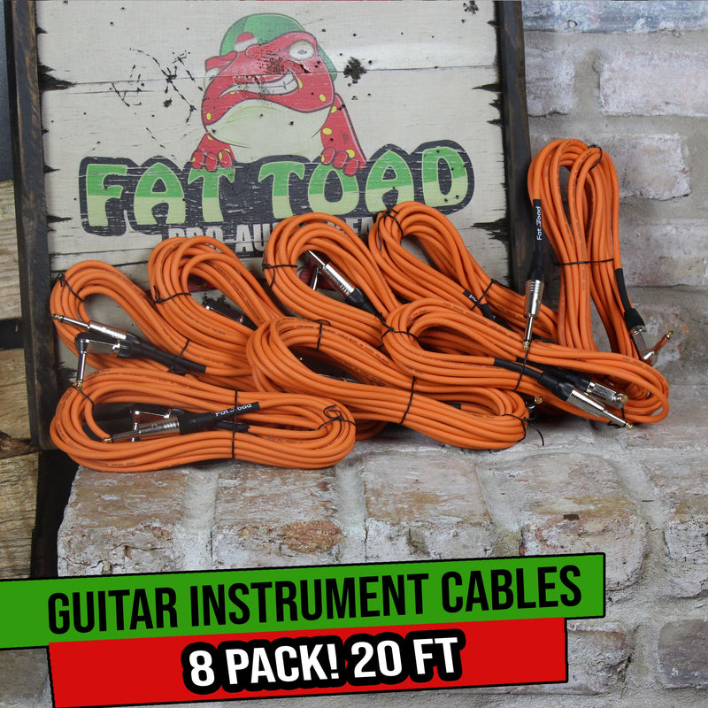 8 PACK - Guitar Cables Right Angled Instrument Cords by FAT TOAD | 20FT 1/4 Quarter Inch Straight-End 24 GA Wires for Electric Guitar Pedal, Bass, Keyboards, Speaker Amplifier & Audio Studio Recording