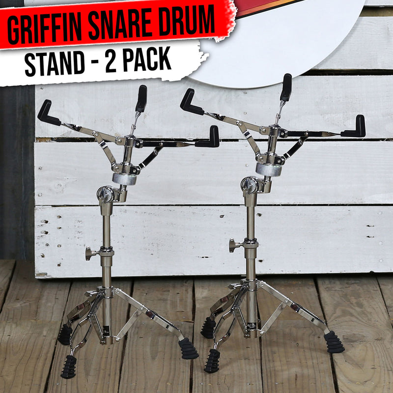 2-PACK Snare Drum Stand by GRIFFIN | Chrome Double Braced, Light Weight Mount for Standard Snares, Tom Drums & Practice Pad | Slip-Proof Gear Tilter & Clamp Style Basket Holder Percussion Hardware Kit
