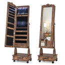 Rolling Floor Standing Mirrored Jewelry Armoire with Lock and Drawers
