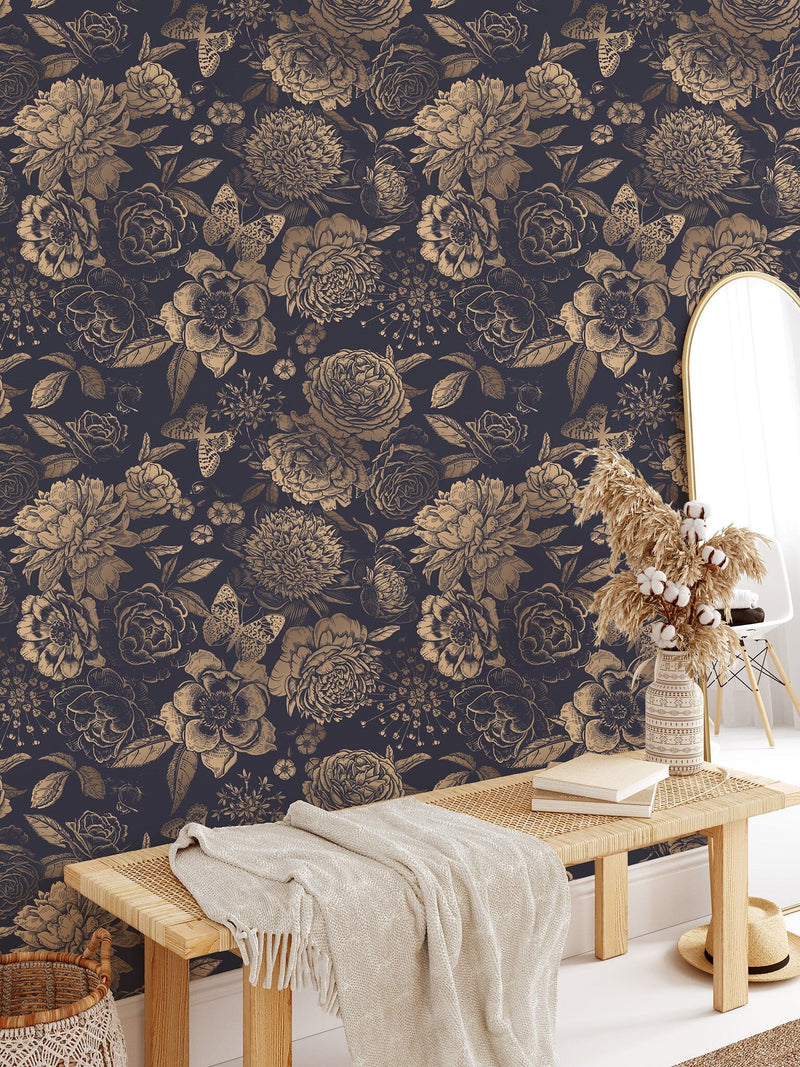 Vintage Flower Wallpaper Non-metallic gold