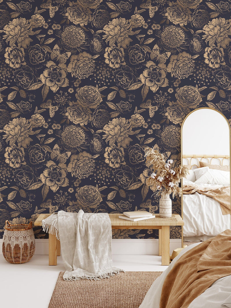 Vintage Flower Wallpaper Non-metallic gold