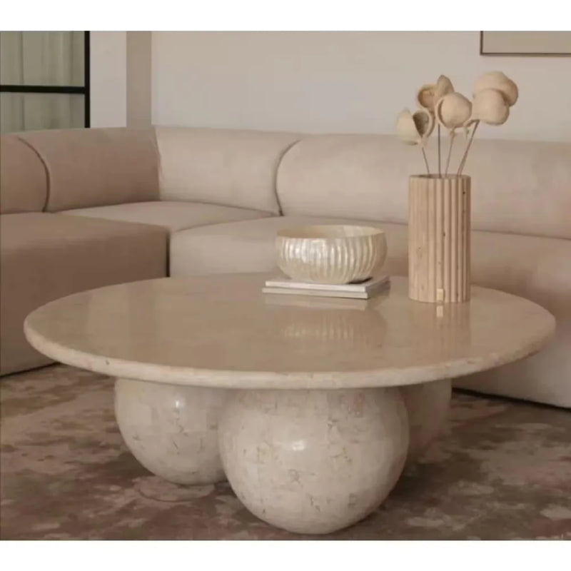 Troia Light Travertine Round Designer Coffee Table with Sphere Legs